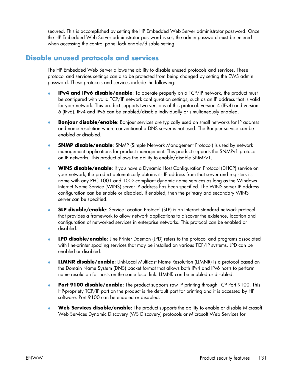 Disable unused protocols and services | HP Officejet Pro X551 Printer series User Manual | Page 145 / 250