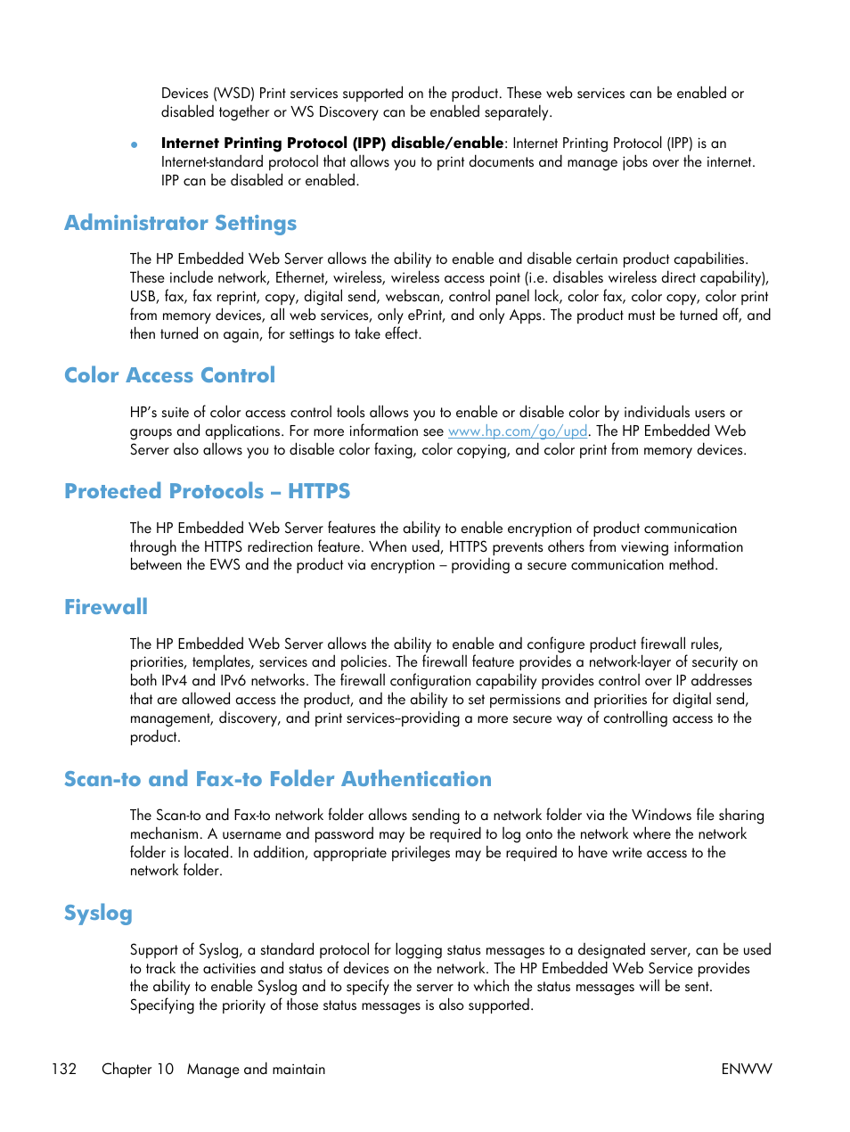 Administrator settings, Color access control, Protected protocols – https | Firewall, Scan-to and fax-to folder authentication, Syslog | HP Officejet Pro X551 Printer series User Manual | Page 146 / 250