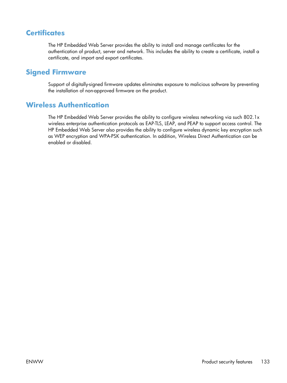 Certificates, Signed firmware, Wireless authentication | HP Officejet Pro X551 Printer series User Manual | Page 147 / 250