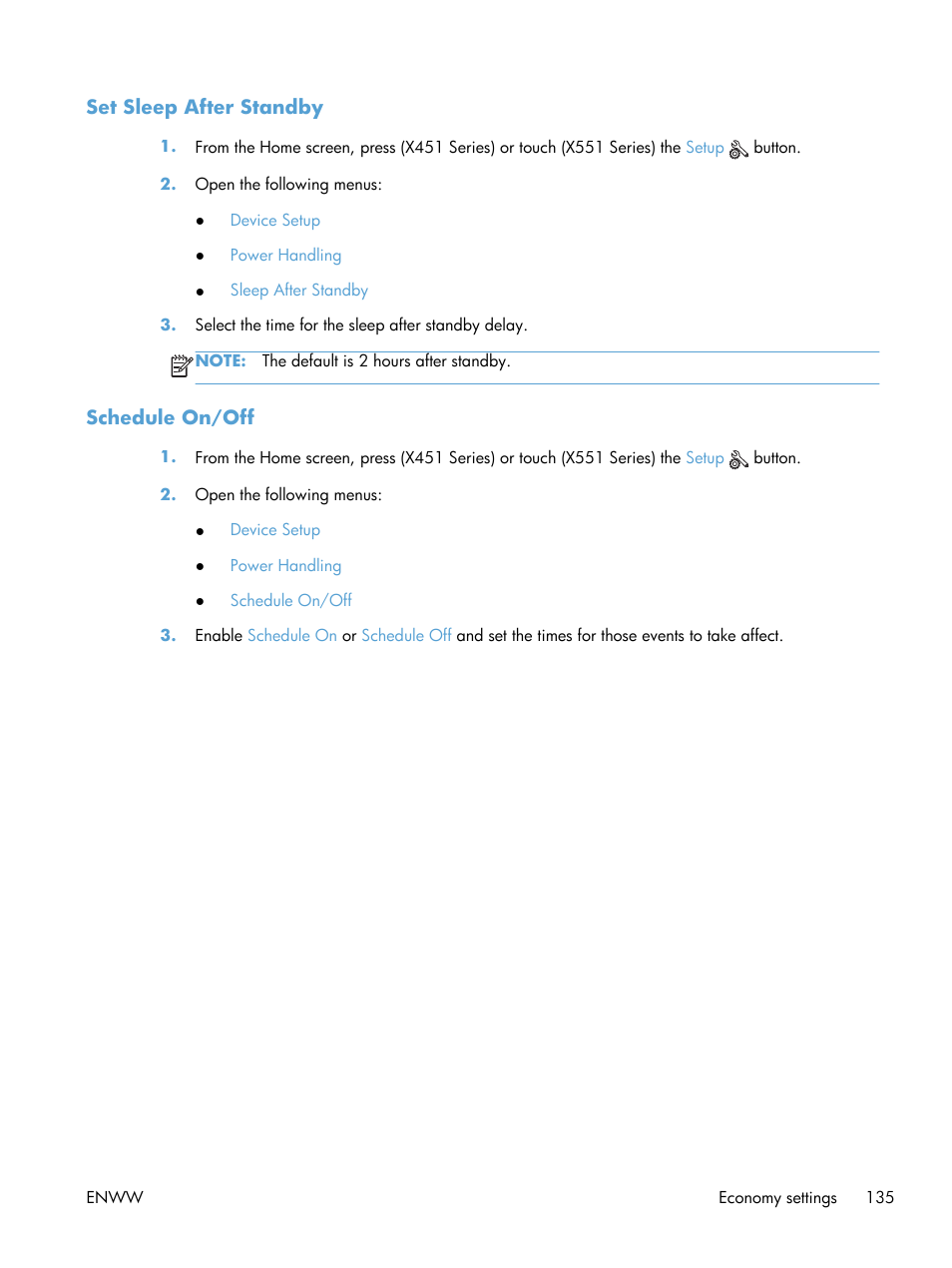 Set sleep after standby, Schedule on/off | HP Officejet Pro X551 Printer series User Manual | Page 149 / 250