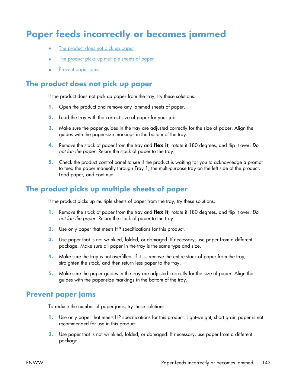 Paper feeds incorrectly or becomes jammed, The product does not pick up paper, The product picks up multiple sheets of paper | Prevent paper jams | HP Officejet Pro X551 Printer series User Manual | Page 157 / 250