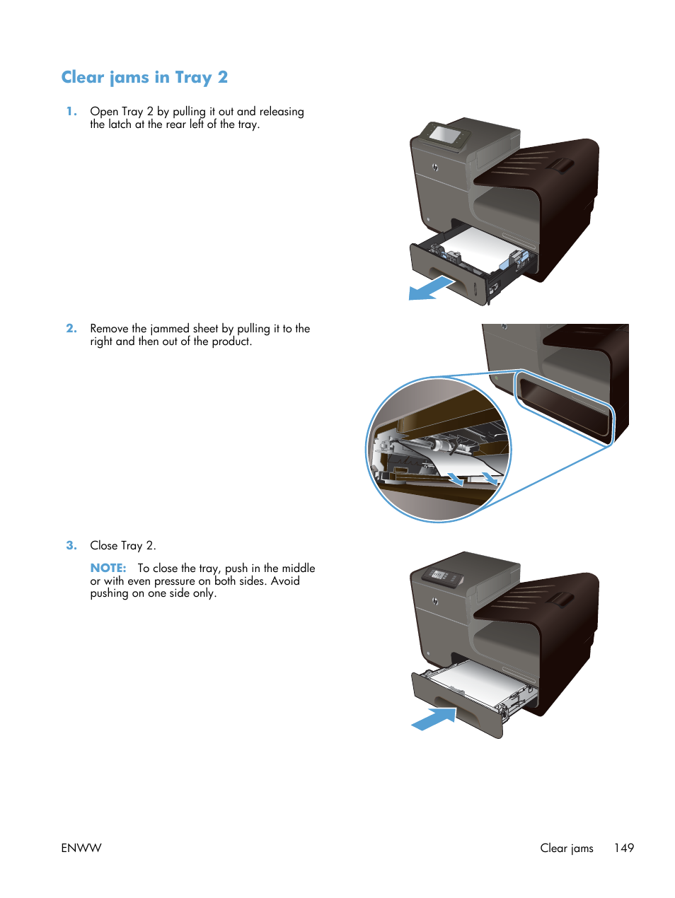 Clear jams in tray 2 | HP Officejet Pro X551 Printer series User Manual | Page 163 / 250