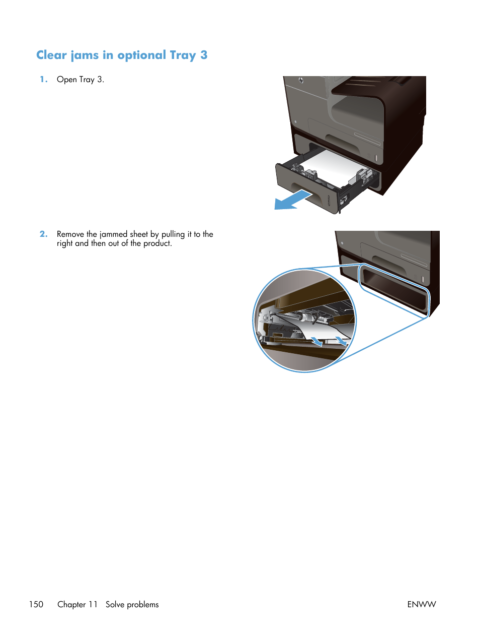 Clear jams in optional tray 3 | HP Officejet Pro X551 Printer series User Manual | Page 164 / 250