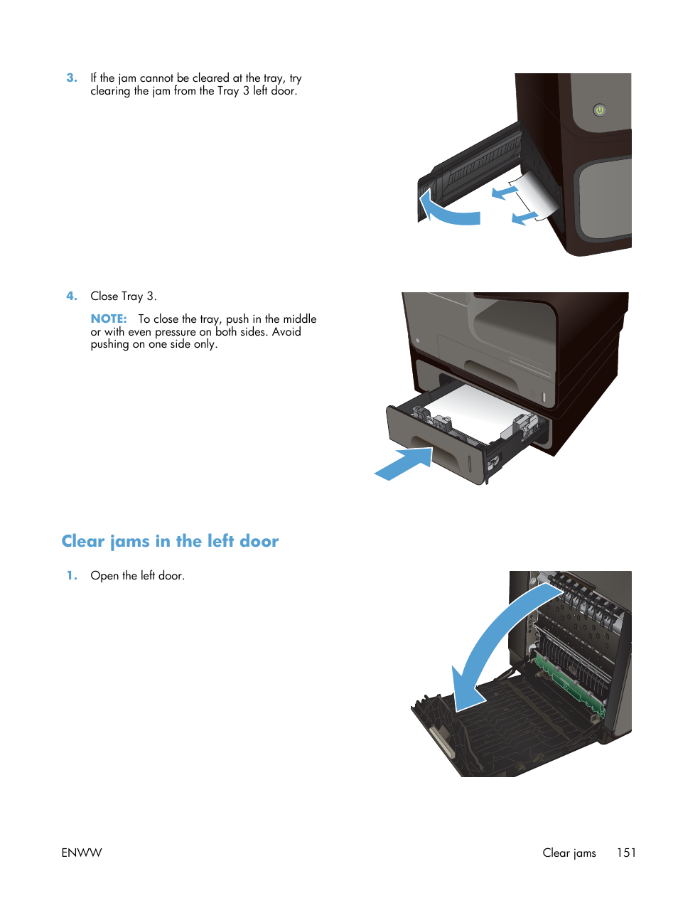 Clear jams in the left door | HP Officejet Pro X551 Printer series User Manual | Page 165 / 250