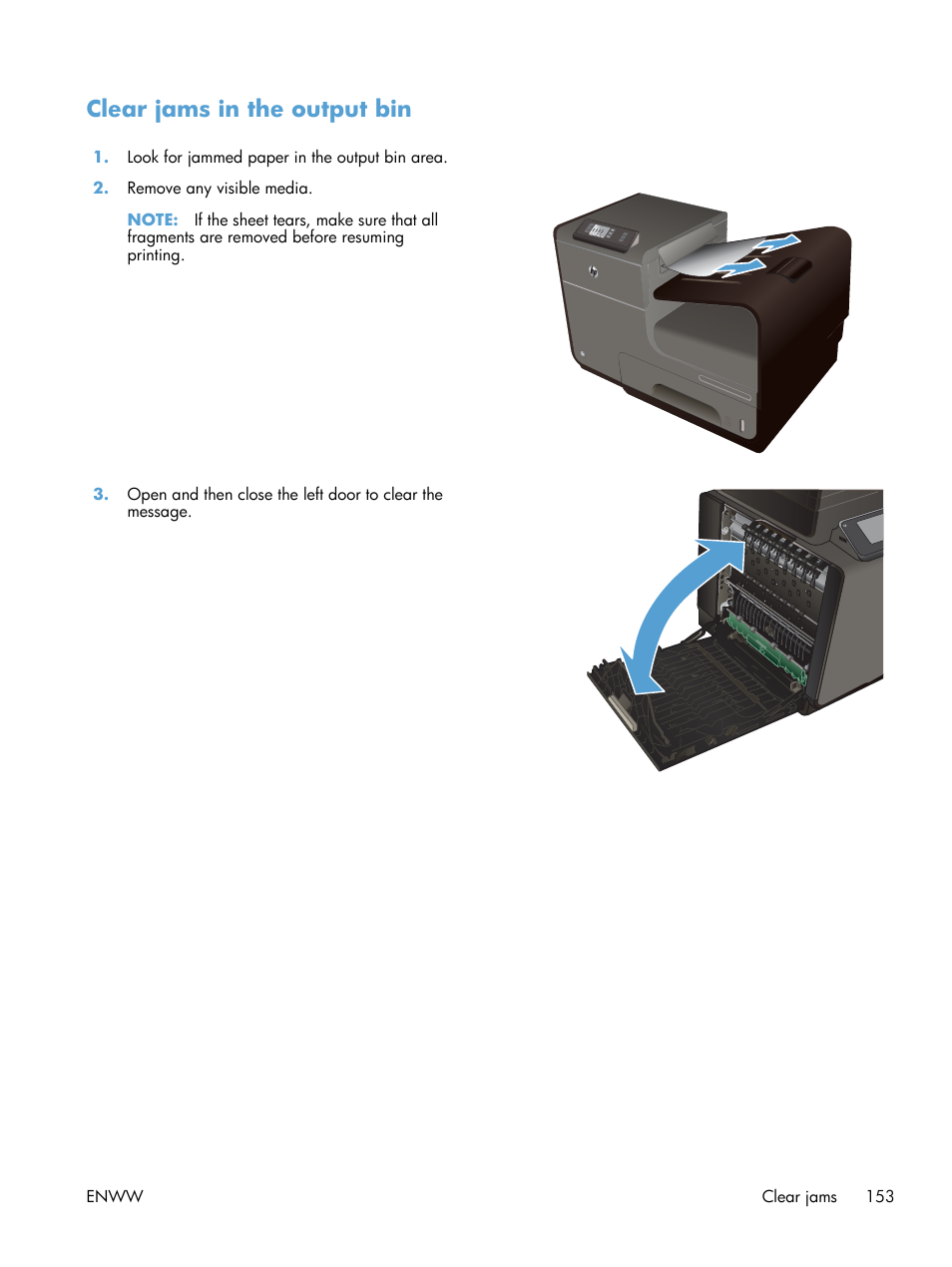 Clear jams in the output bin | HP Officejet Pro X551 Printer series User Manual | Page 167 / 250