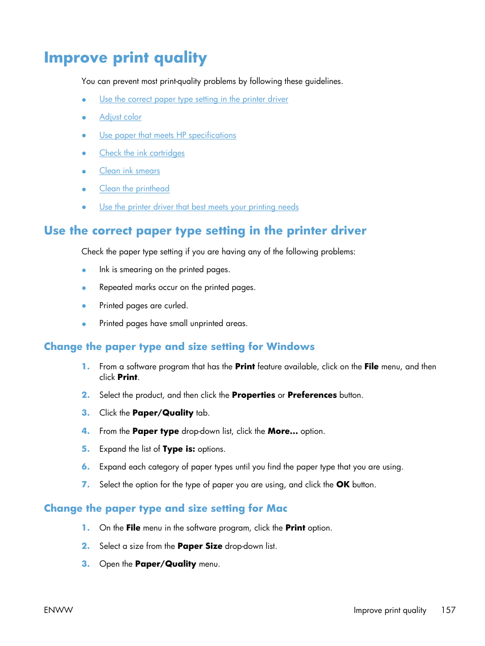 Improve print quality, Change the paper type and size setting for windows, Change the paper type and size setting for mac | HP Officejet Pro X551 Printer series User Manual | Page 171 / 250