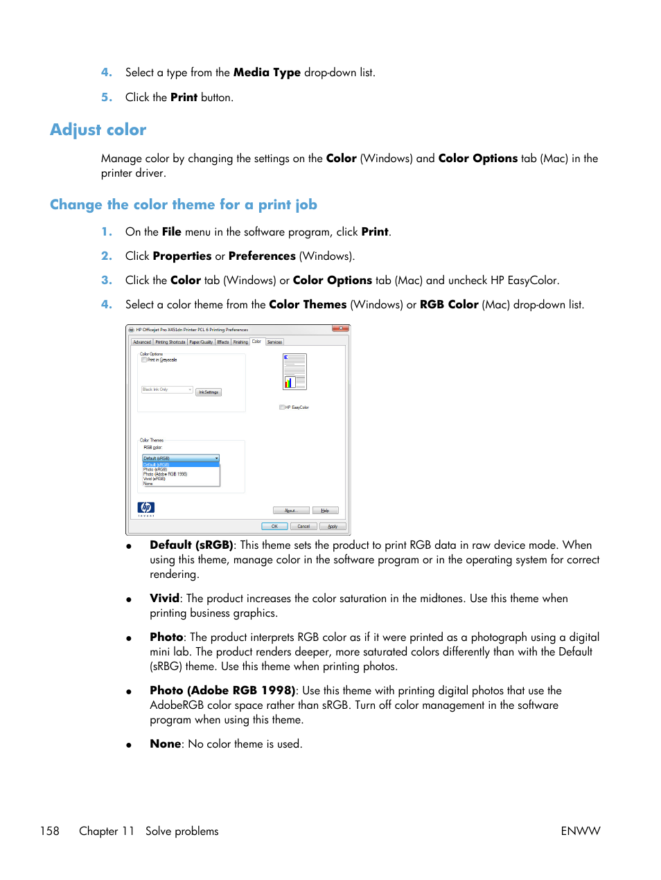 Adjust color, Change the color theme for a print job | HP Officejet Pro X551 Printer series User Manual | Page 172 / 250