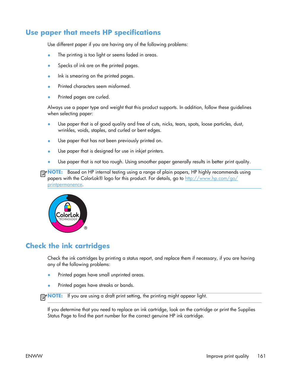 Use paper that meets hp specifications, Check the ink cartridges | HP Officejet Pro X551 Printer series User Manual | Page 175 / 250