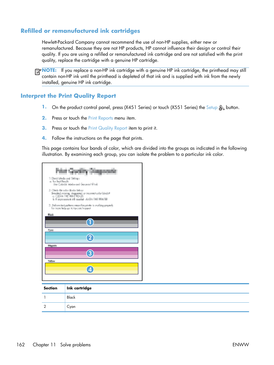 Refilled or remanufactured ink cartridges, Interpret the print quality report | HP Officejet Pro X551 Printer series User Manual | Page 176 / 250