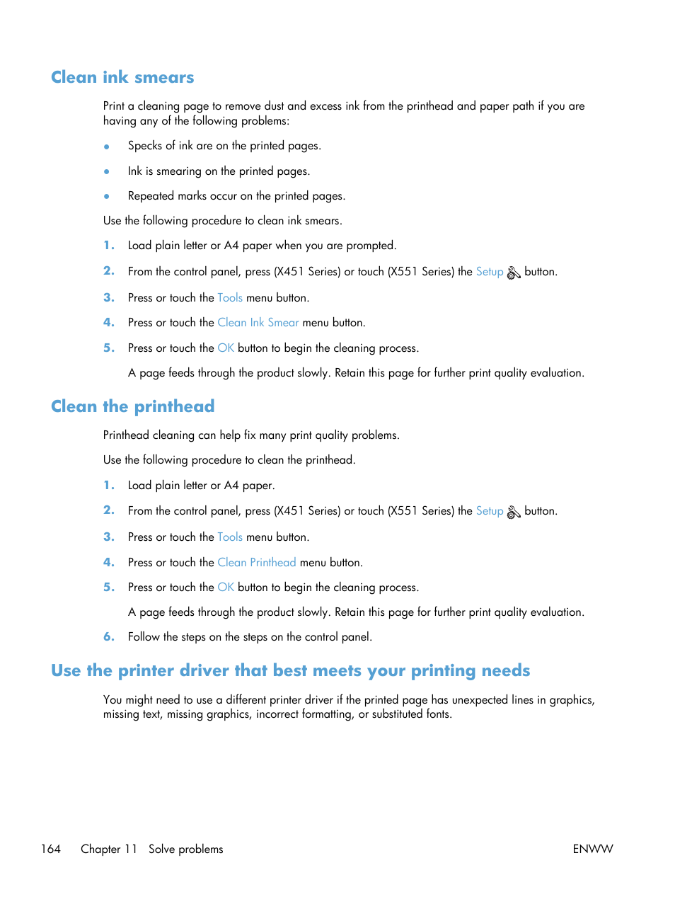 Clean ink smears, Clean the printhead | HP Officejet Pro X551 Printer series User Manual | Page 178 / 250