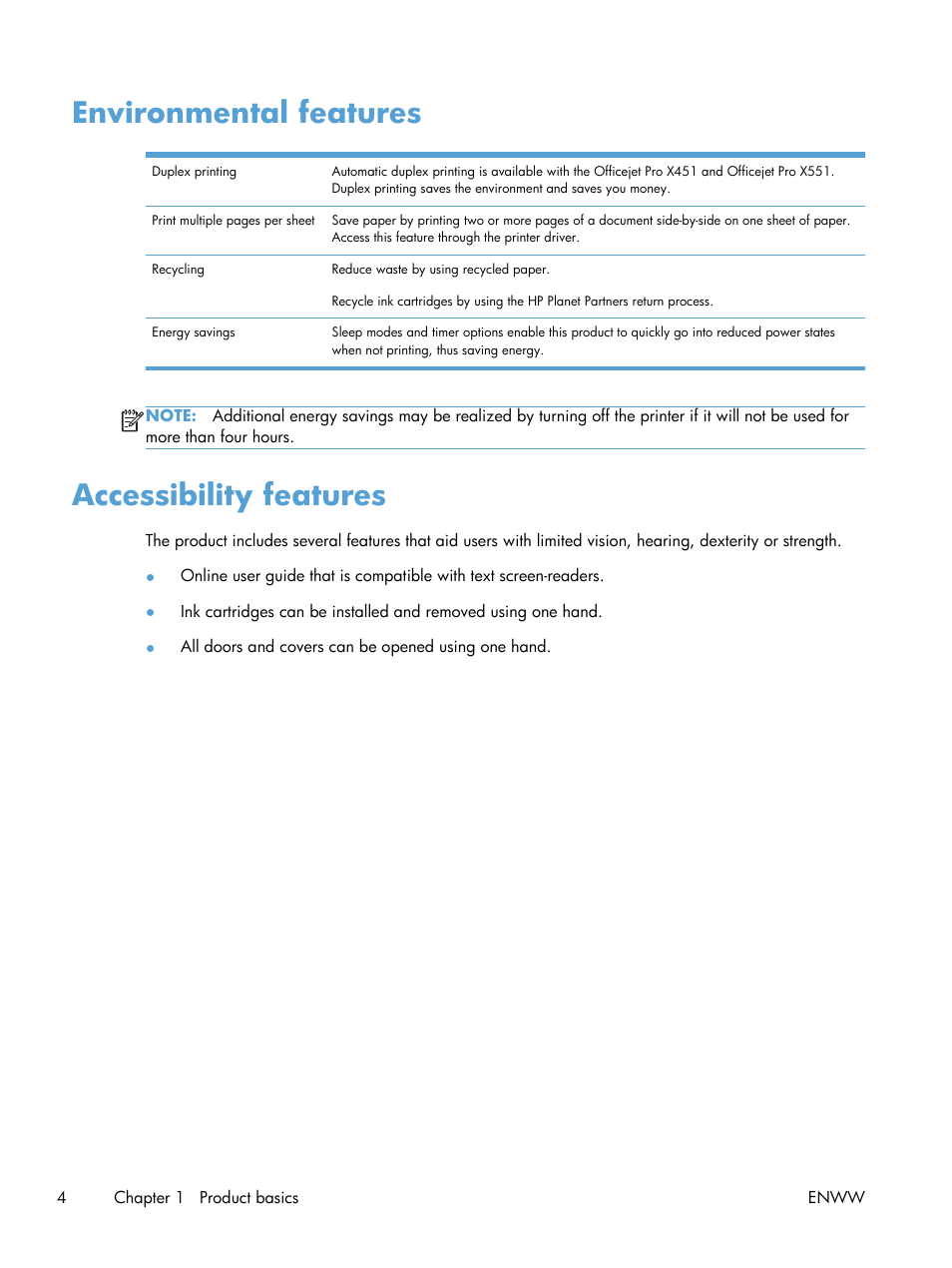 Environmental features, Accessibility features, Environmental features accessibility features | HP Officejet Pro X551 Printer series User Manual | Page 18 / 250