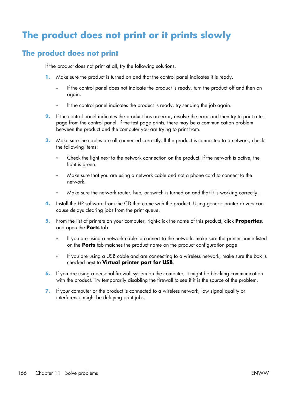 The product does not print or it prints slowly, The product does not print | HP Officejet Pro X551 Printer series User Manual | Page 180 / 250