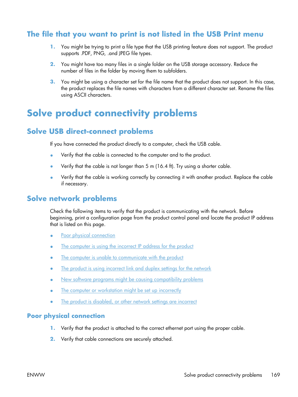 Solve product connectivity problems, Solve usb direct-connect problems, Solve network problems | Poor physical connection | HP Officejet Pro X551 Printer series User Manual | Page 183 / 250