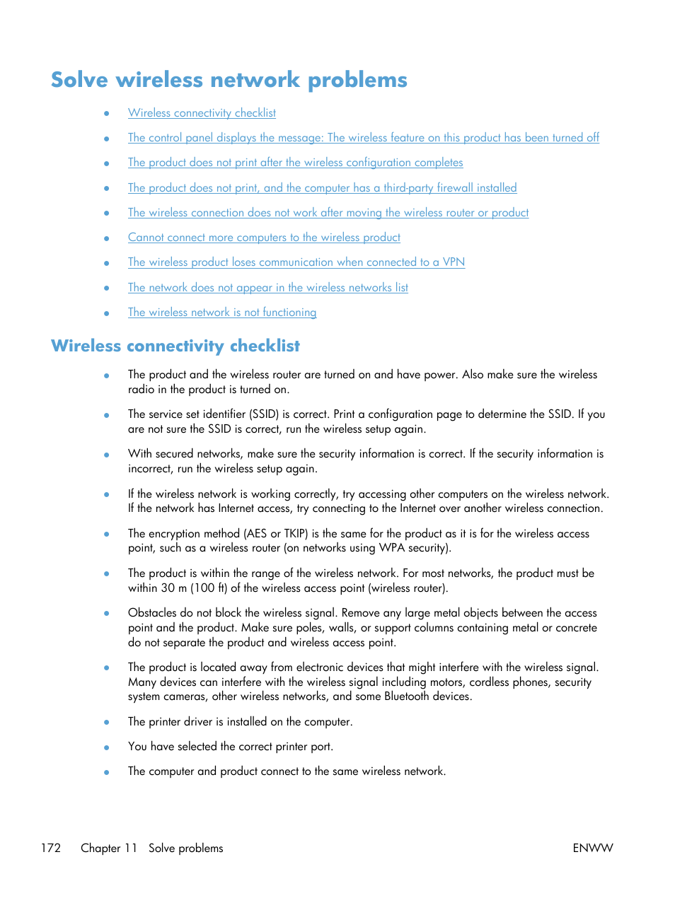 Solve wireless network problems, Wireless connectivity checklist | HP Officejet Pro X551 Printer series User Manual | Page 186 / 250