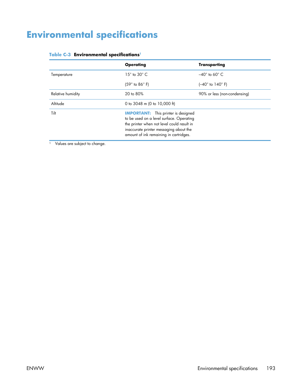 Environmental specifications | HP Officejet Pro X551 Printer series User Manual | Page 207 / 250