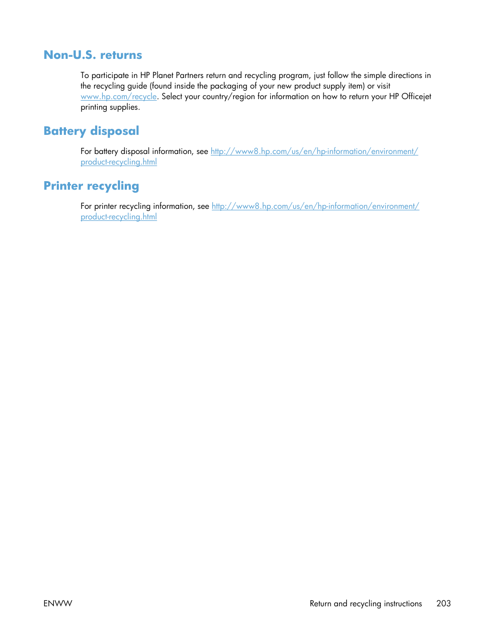 Non-u.s. returns, Battery disposal, Printer recycling | HP Officejet Pro X551 Printer series User Manual | Page 217 / 250