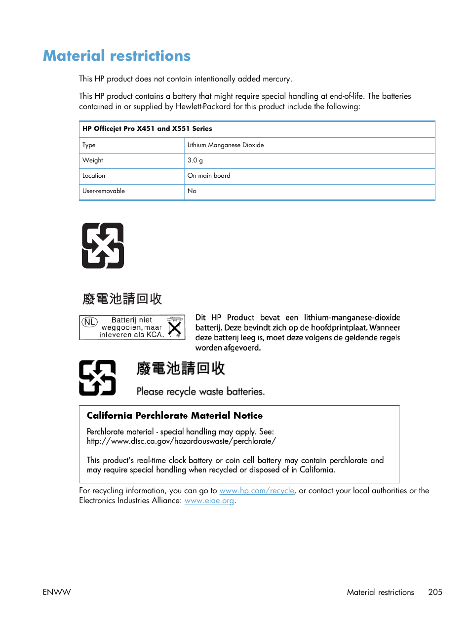 Material restrictions | HP Officejet Pro X551 Printer series User Manual | Page 219 / 250