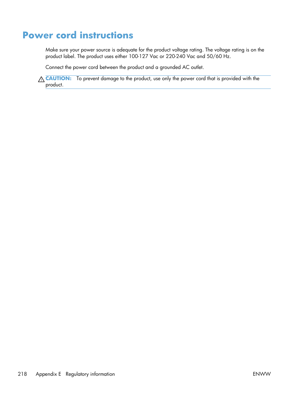 Power cord instructions | HP Officejet Pro X551 Printer series User Manual | Page 232 / 250