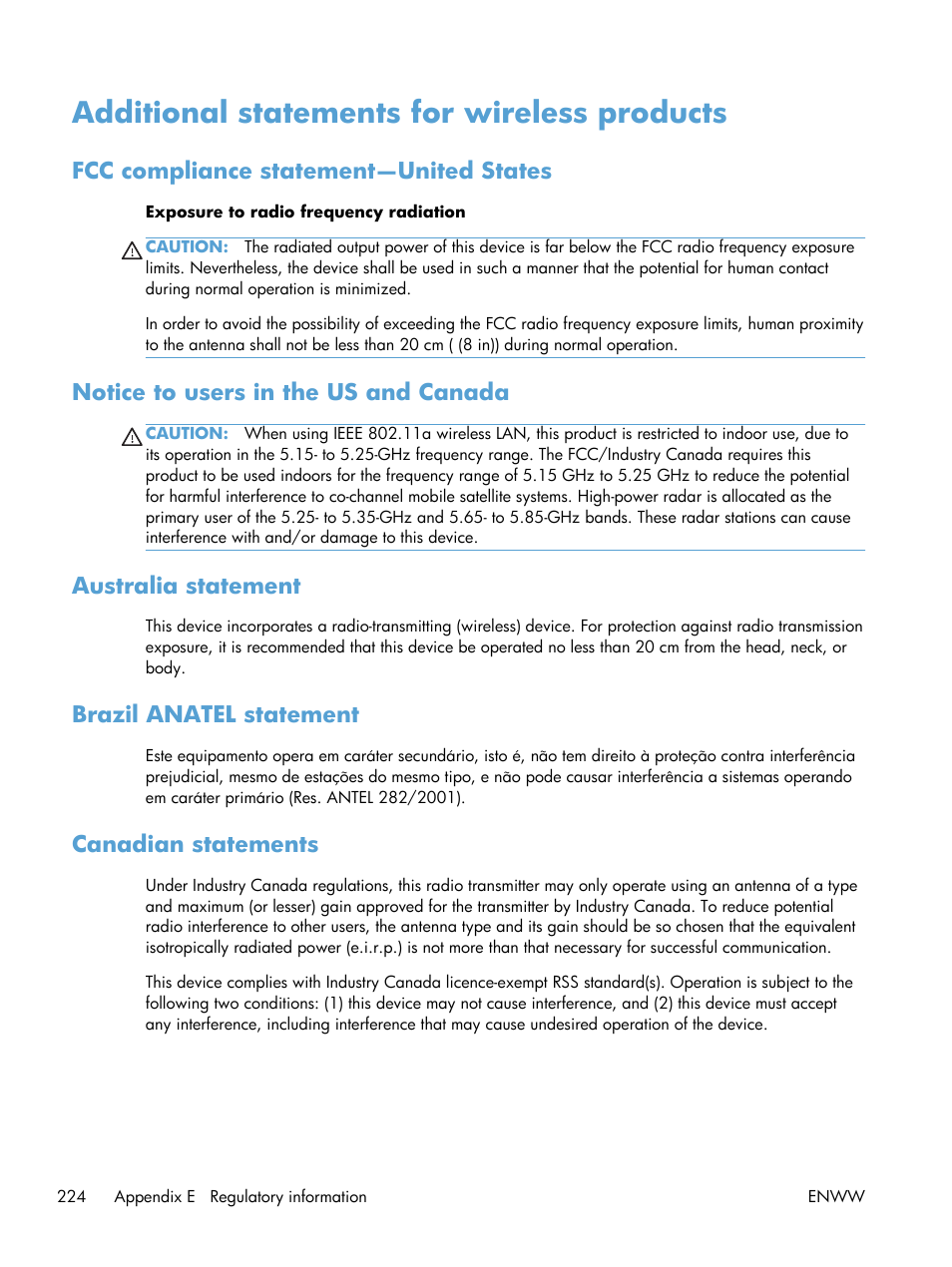 Additional statements for wireless products, Fcc compliance statement—united states, Notice to users in the us and canada | Australia statement, Brazil anatel statement, Canadian statements | HP Officejet Pro X551 Printer series User Manual | Page 238 / 250