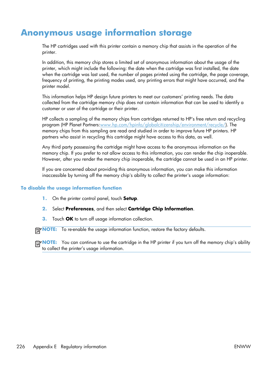 Anonymous usage information storage | HP Officejet Pro X551 Printer series User Manual | Page 240 / 250