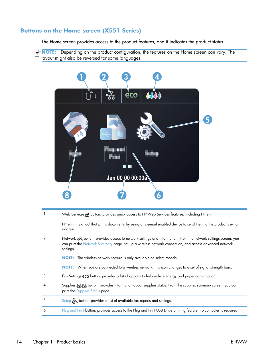 Buttons on the home screen (x551 series) | HP Officejet Pro X551 Printer series User Manual | Page 28 / 250