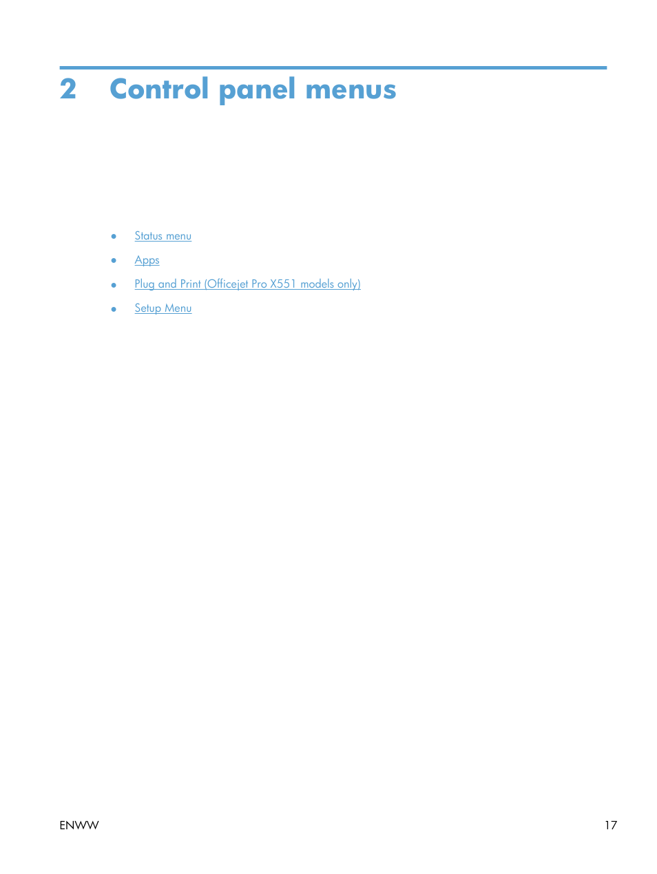 Control panel menus, 2 control panel menus | HP Officejet Pro X551 Printer series User Manual | Page 31 / 250