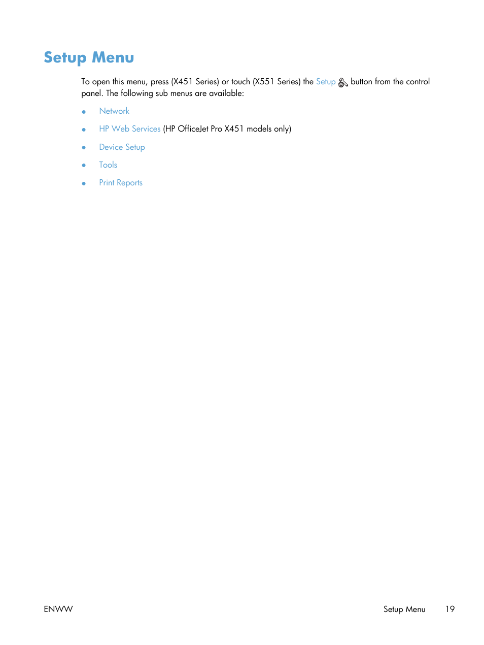 Setup menu | HP Officejet Pro X551 Printer series User Manual | Page 33 / 250