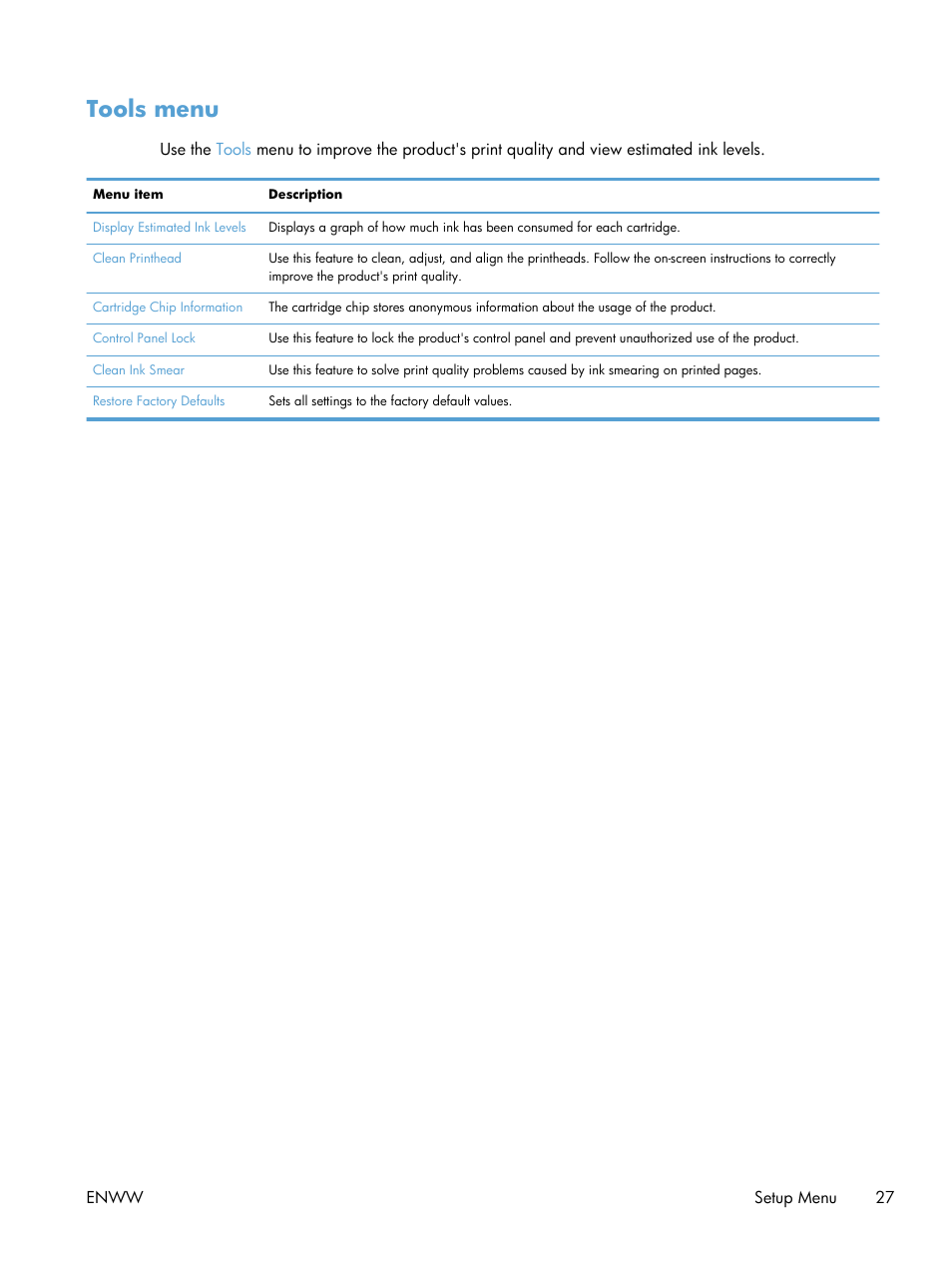 Tools menu | HP Officejet Pro X551 Printer series User Manual | Page 41 / 250