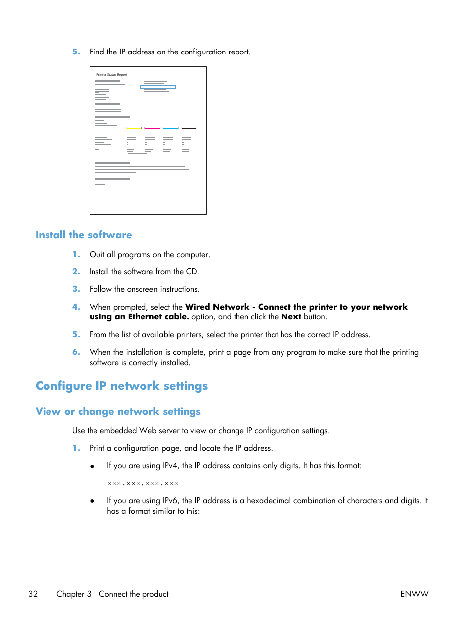 Install the software, Configure ip network settings, View or change network settings | HP Officejet Pro X551 Printer series User Manual | Page 46 / 250