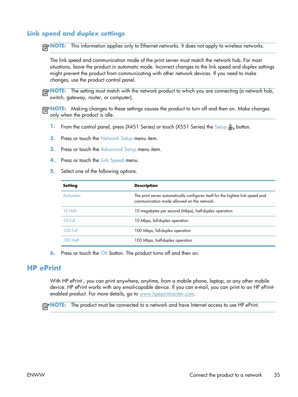 Link speed and duplex settings, Hp eprint | HP Officejet Pro X551 Printer series User Manual | Page 49 / 250