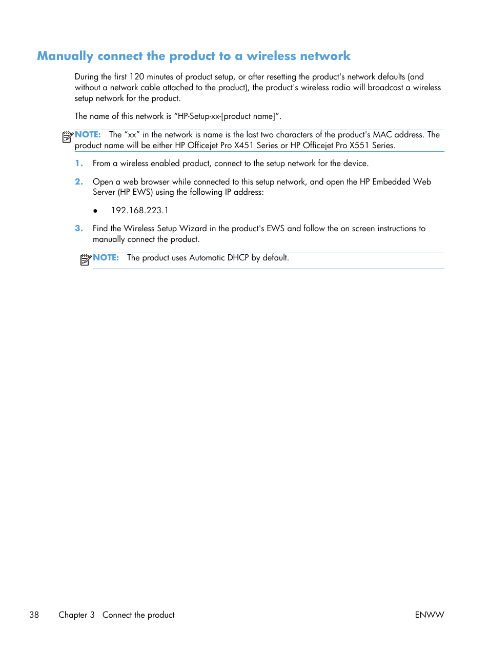 Manually connect the product to a wireless network | HP Officejet Pro X551 Printer series User Manual | Page 52 / 250