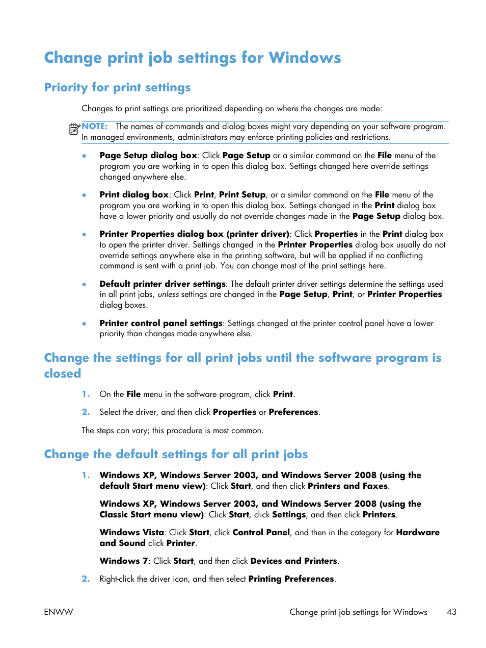 Change print job settings for windows, Priority for print settings, Change the default settings for all print jobs | HP Officejet Pro X551 Printer series User Manual | Page 57 / 250