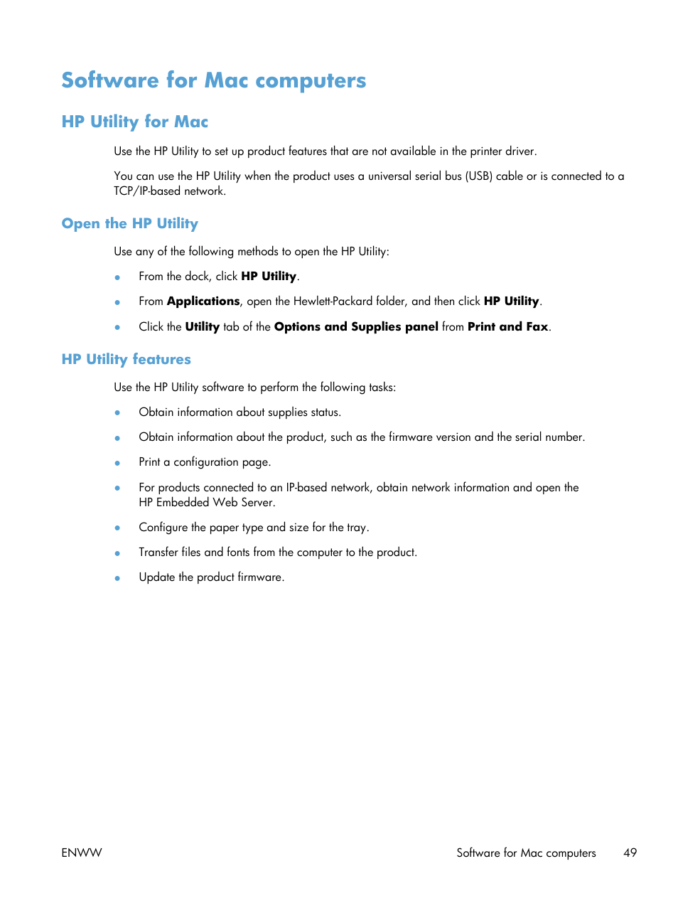 Software for mac computers, Hp utility for mac, Open the hp utility | Hp utility features | HP Officejet Pro X551 Printer series User Manual | Page 63 / 250