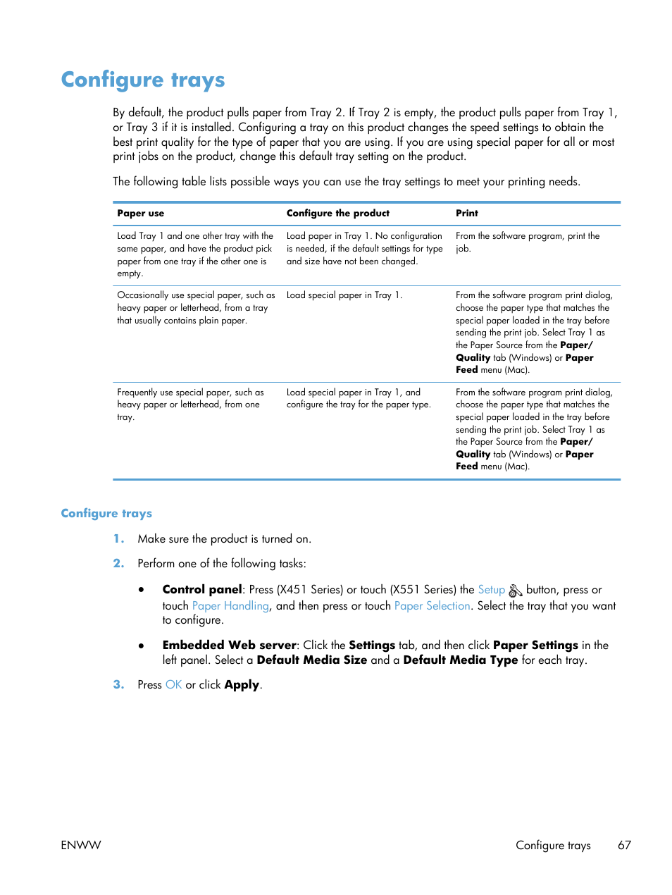 Configure trays | HP Officejet Pro X551 Printer series User Manual | Page 81 / 250
