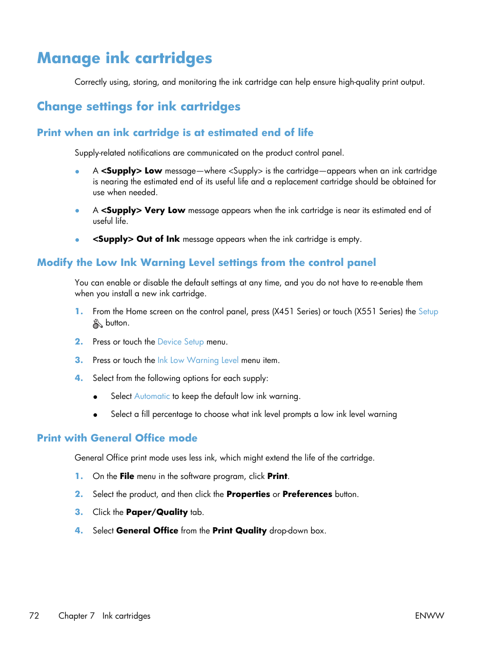 Manage ink cartridges, Change settings for ink cartridges, Print with general office mode | HP Officejet Pro X551 Printer series User Manual | Page 86 / 250