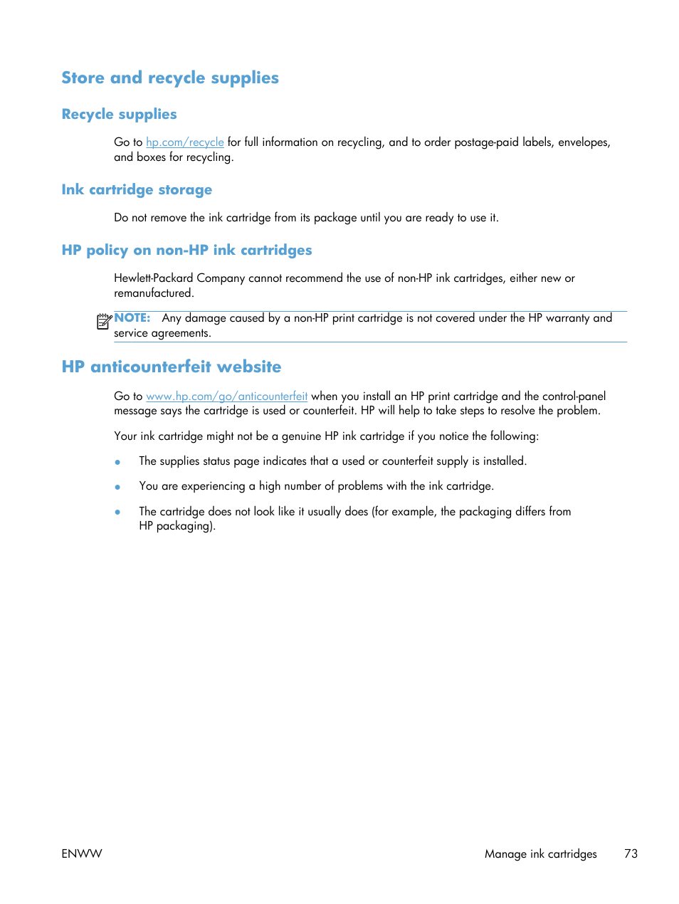 Store and recycle supplies, Recycle supplies, Ink cartridge storage | Hp policy on non-hp ink cartridges, Hp anticounterfeit website | HP Officejet Pro X551 Printer series User Manual | Page 87 / 250