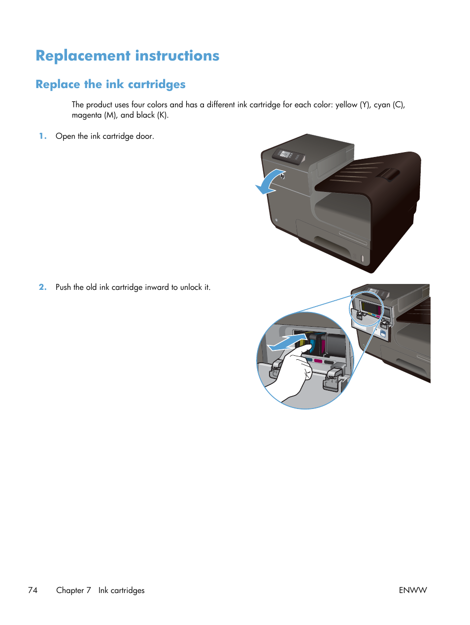 Replacement instructions, Replace the ink cartridges | HP Officejet Pro X551 Printer series User Manual | Page 88 / 250