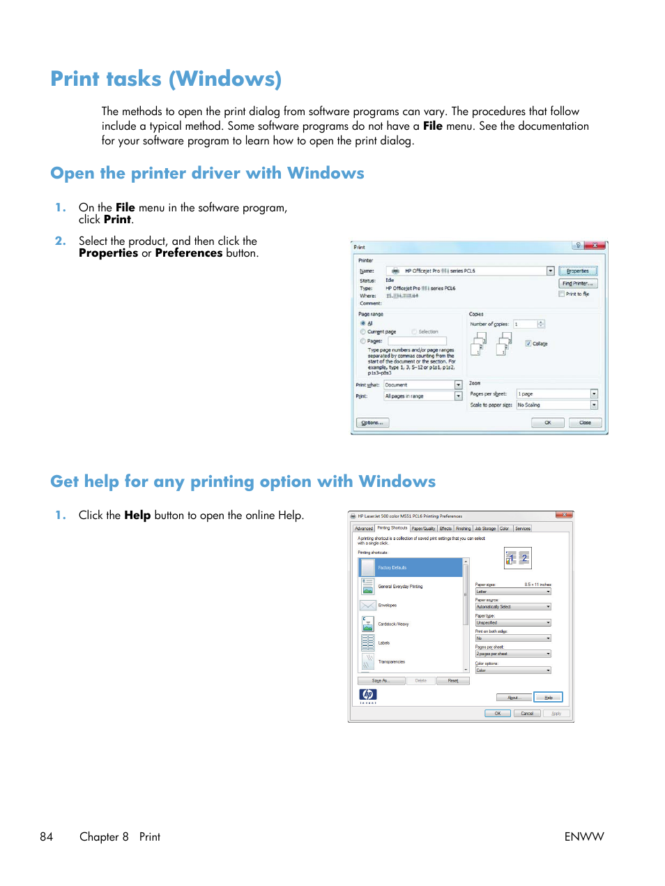 Print tasks (windows), Open the printer driver with windows, Get help for any printing option with windows | HP Officejet Pro X551 Printer series User Manual | Page 98 / 250