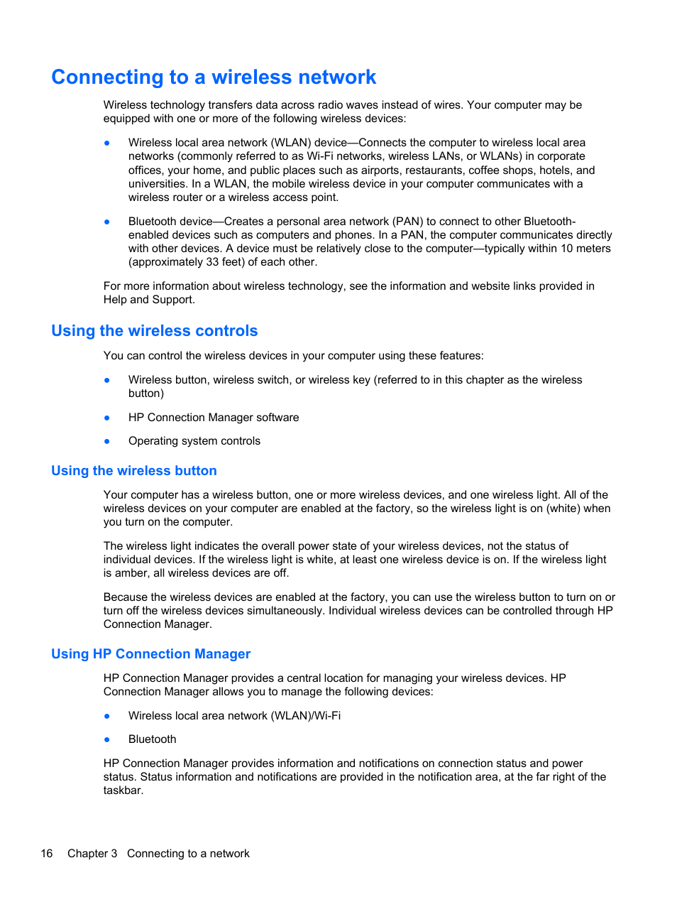 Connecting to a wireless network, Using the wireless controls, Using the wireless button | Using hp connection manager | HP Pavilion g7-2022us Notebook PC User Manual | Page 26 / 99