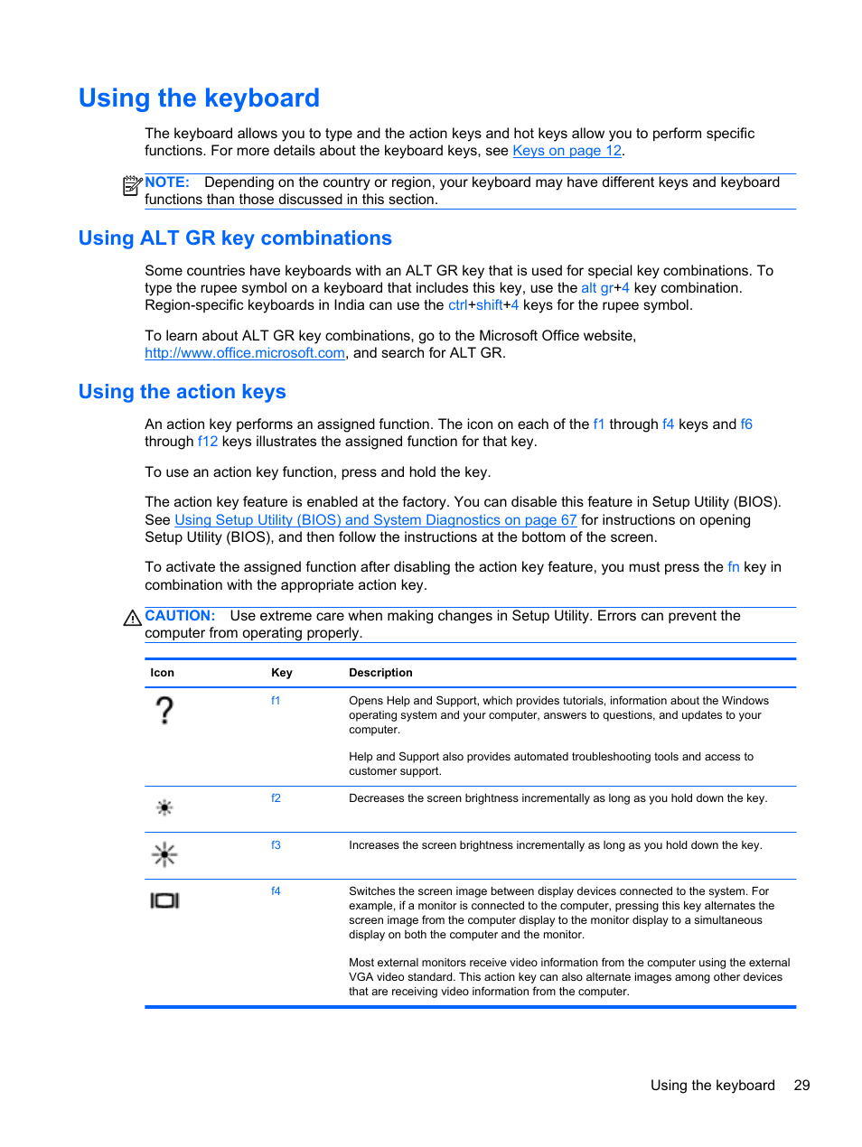 Using the keyboard, Using alt gr key combinations, Using the action keys | HP Pavilion g7-2022us Notebook PC User Manual | Page 39 / 99