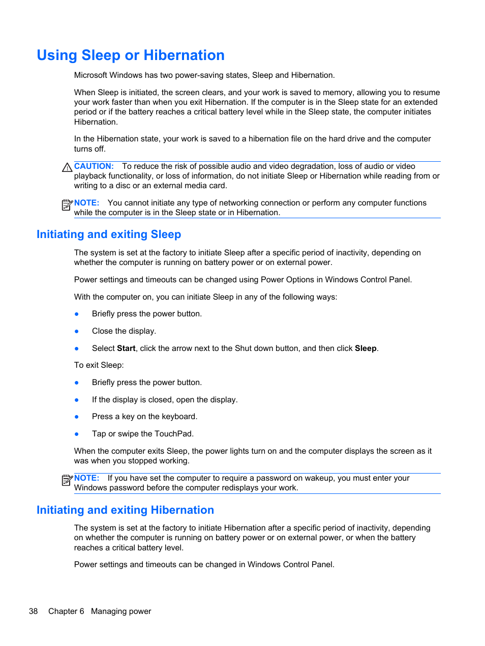 Using sleep or hibernation, Initiating and exiting sleep, Initiating and exiting hibernation | HP Pavilion g7-2022us Notebook PC User Manual | Page 48 / 99