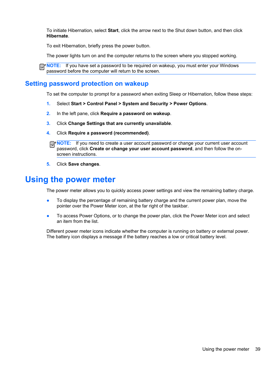 Setting password protection on wakeup, Using the power meter | HP Pavilion g7-2022us Notebook PC User Manual | Page 49 / 99