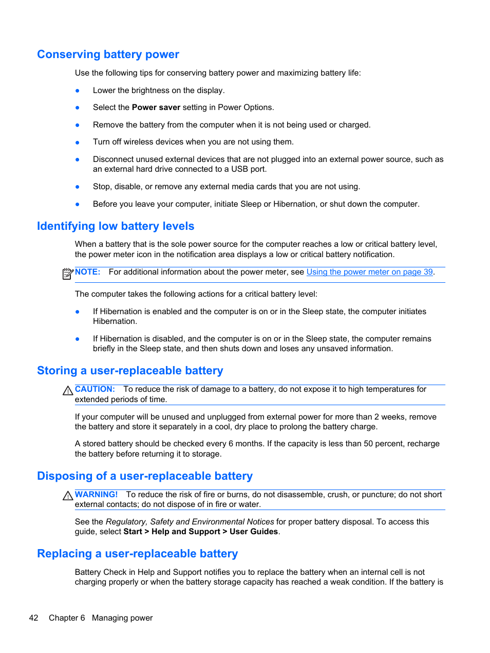 Conserving battery power, Identifying low battery levels, Storing a user-replaceable battery | Disposing of a user-replaceable battery, Replacing a user-replaceable battery | HP Pavilion g7-2022us Notebook PC User Manual | Page 52 / 99