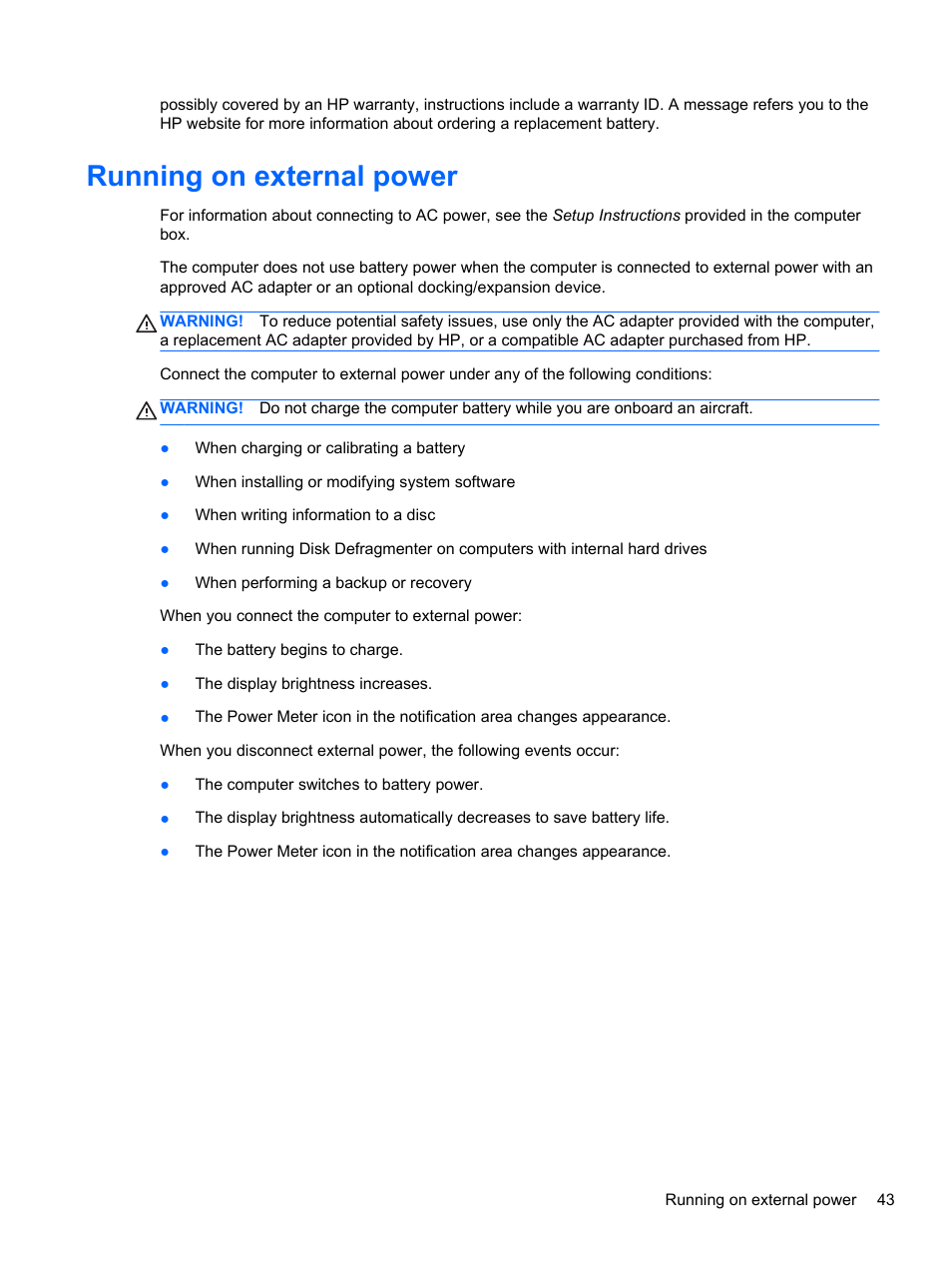 Running on external power | HP Pavilion g7-2022us Notebook PC User Manual | Page 53 / 99