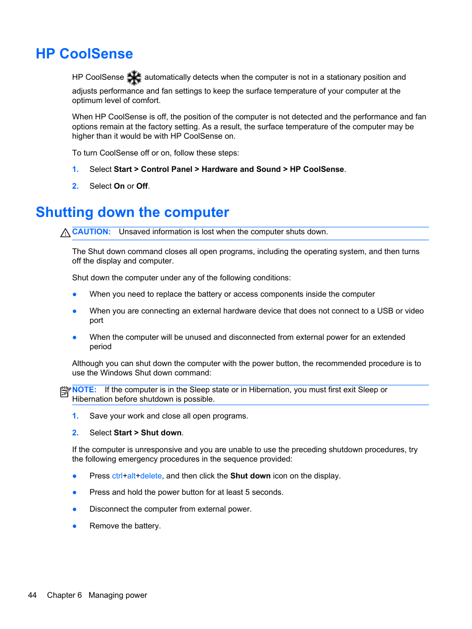 Hp coolsense, Shutting down the computer, Hp coolsense shutting down the computer | HP Pavilion g7-2022us Notebook PC User Manual | Page 54 / 99