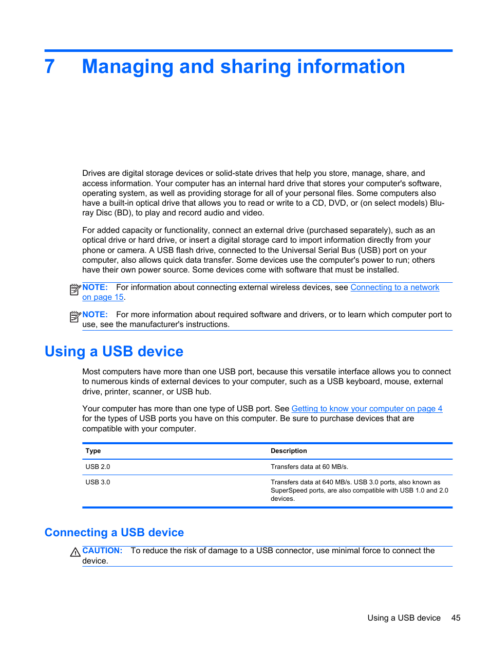 Managing and sharing information, Using a usb device, Connecting a usb device | 7 managing and sharing information, 7managing and sharing information | HP Pavilion g7-2022us Notebook PC User Manual | Page 55 / 99