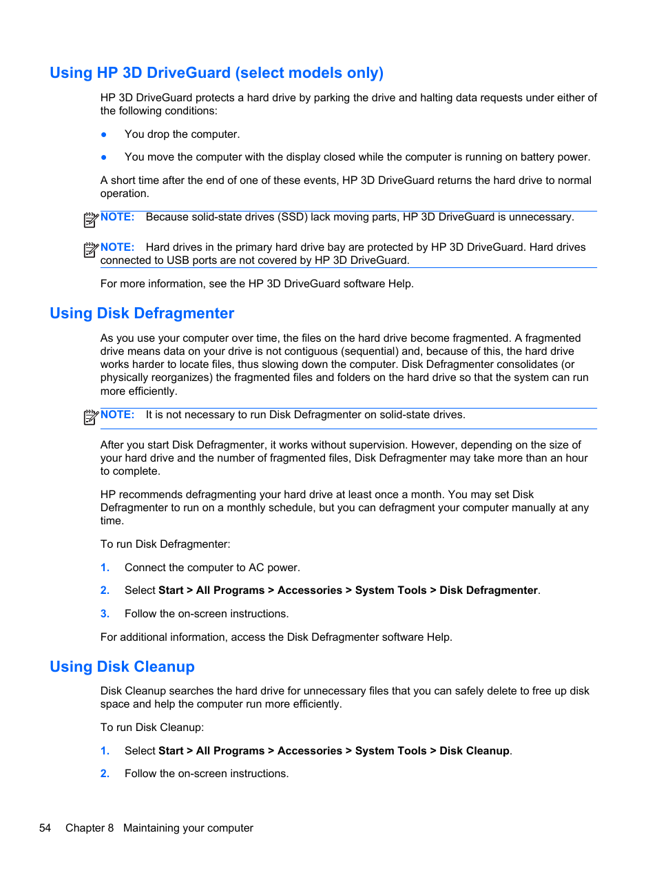 Using hp 3d driveguard (select models only), Using disk defragmenter, Using disk cleanup | HP Pavilion g7-2022us Notebook PC User Manual | Page 64 / 99