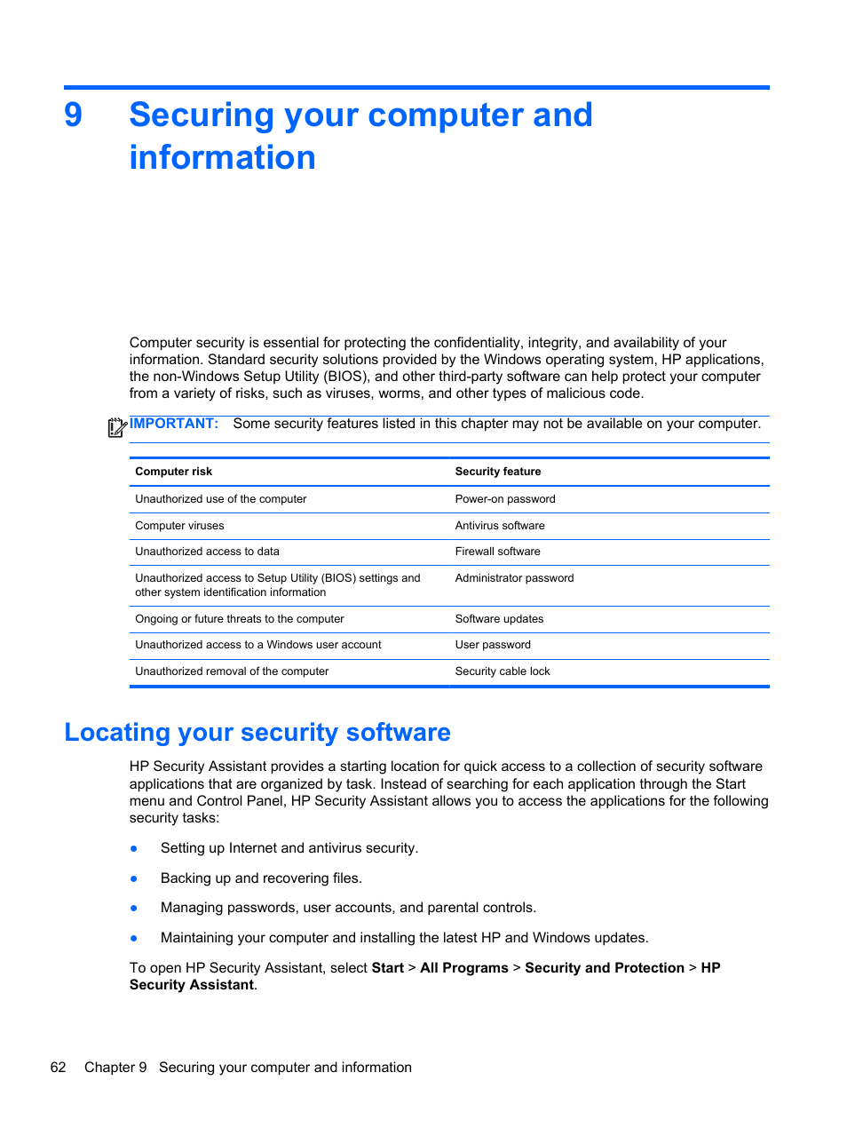 Securing your computer and information, Locating your security software, 9 securing your computer and information | 9securing your computer and information | HP Pavilion g7-2022us Notebook PC User Manual | Page 72 / 99