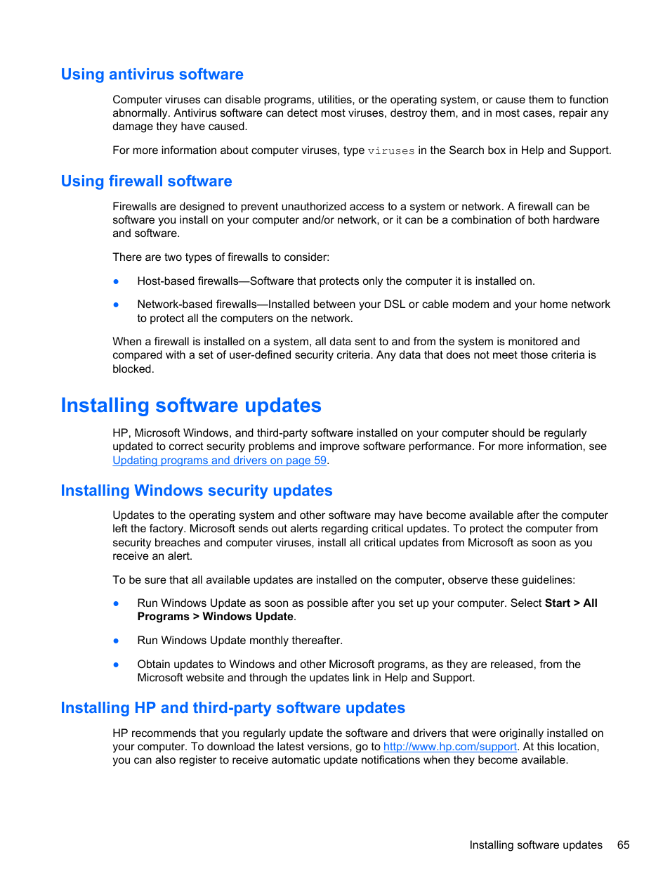 Using antivirus software, Using firewall software, Installing software updates | Installing windows security updates, Installing hp and third-party software updates, Using antivirus software using firewall software | HP Pavilion g7-2022us Notebook PC User Manual | Page 75 / 99