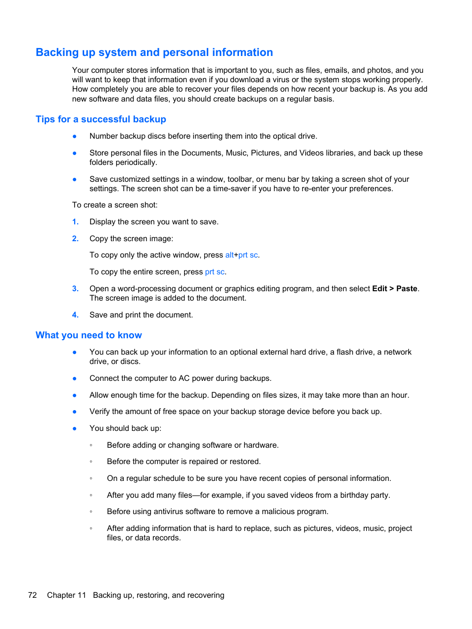 Backing up system and personal information, Tips for a successful backup, What you need to know | Tips for a successful backup what you need to know | HP Pavilion g7-2022us Notebook PC User Manual | Page 82 / 99